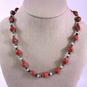 Vintage Red Howlite Beaded Necklace Gemstone 26" Statement Natural Stone